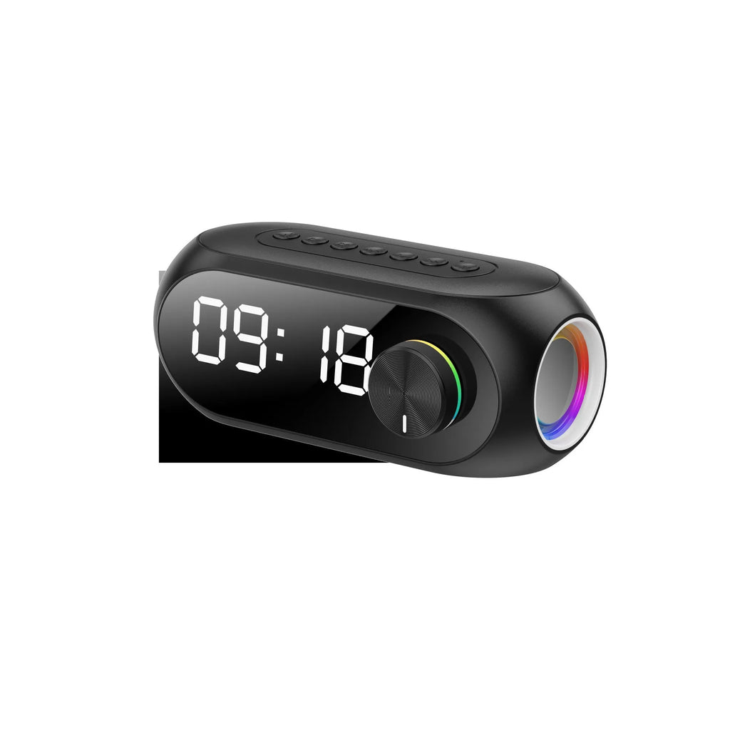 S8 Black portable Bluetooth speaker with extra bass and a digital clock display on its front.