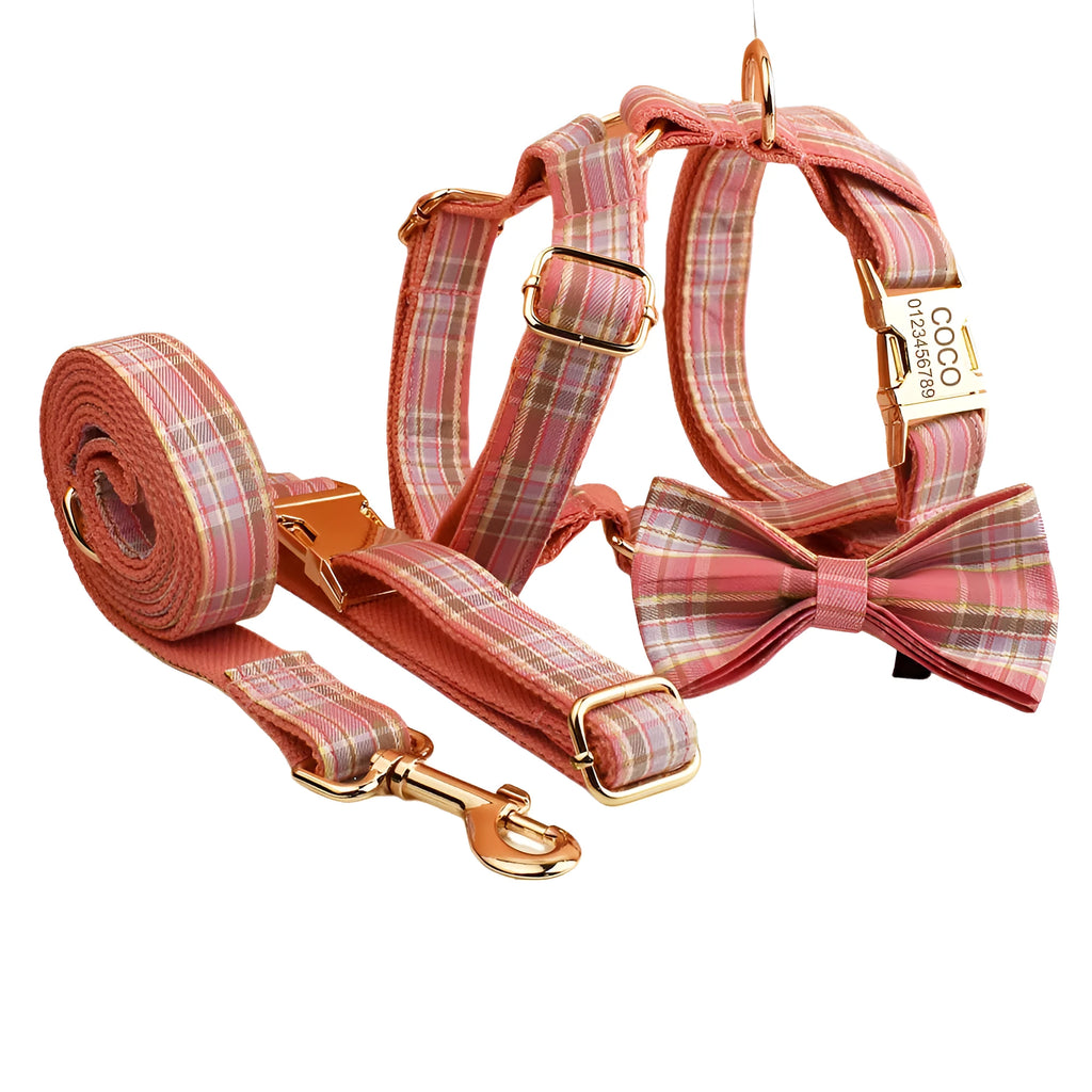 Plaid pattern dog collar and matching leash set with band and bow vest components