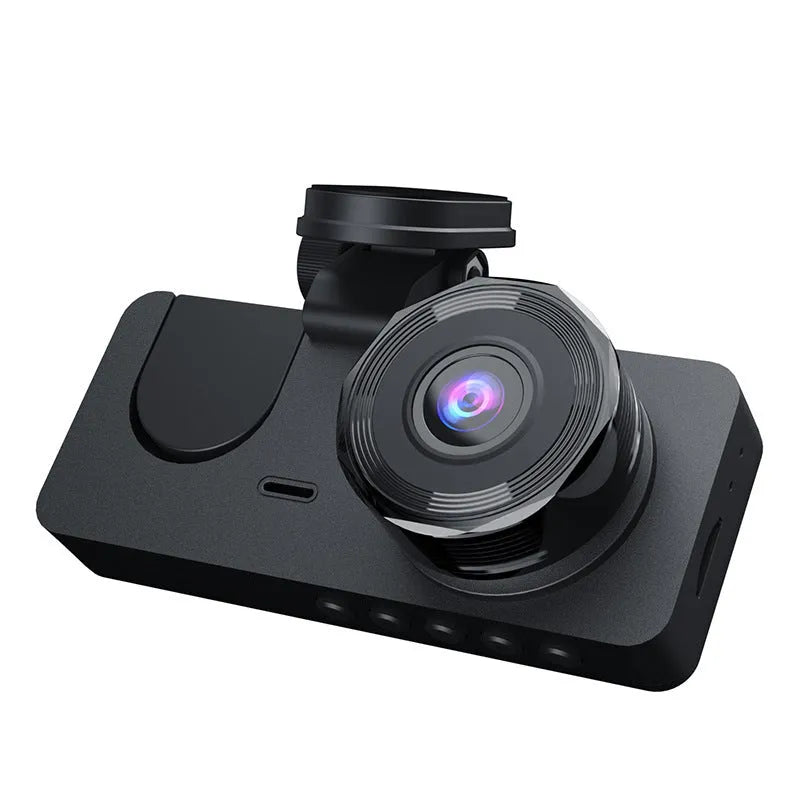 Black dashboard camera mounted on car windscreen recording HD 1080P front and rear video