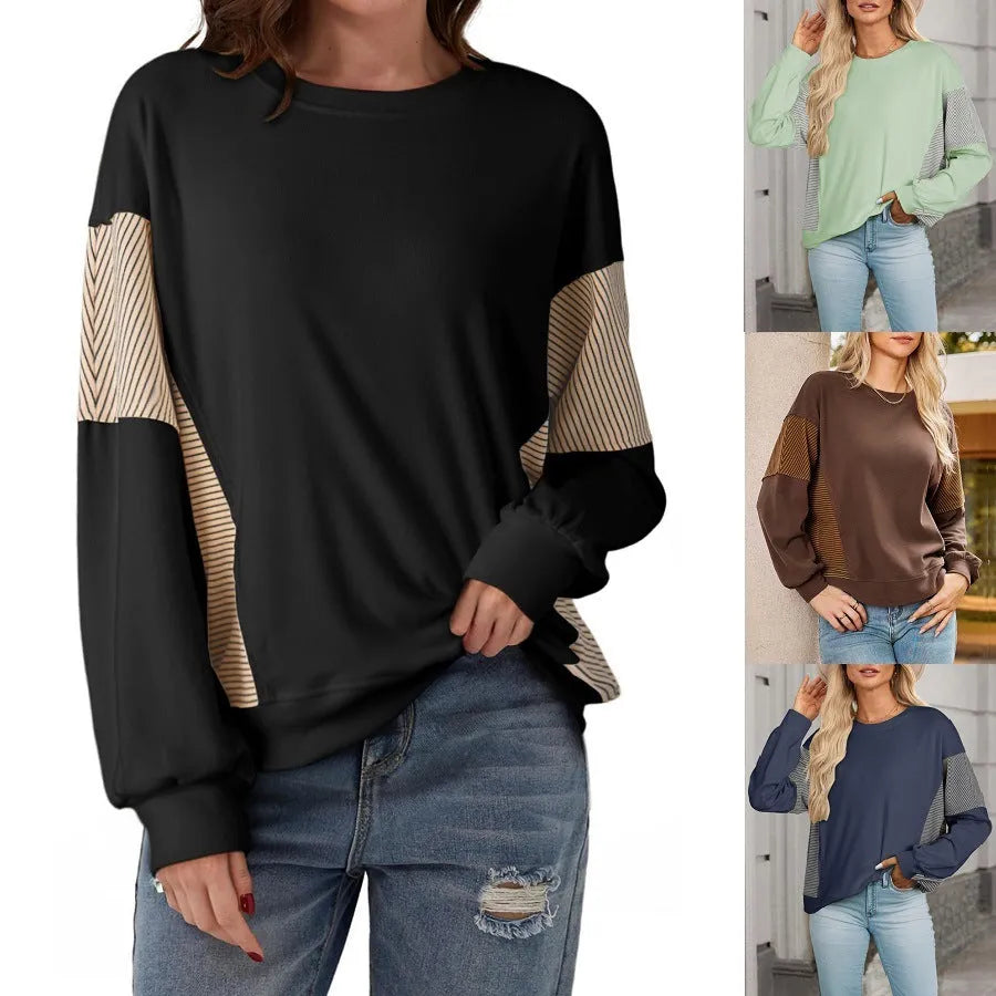 Striped color-blocked round neck long-sleeved polyester pullover sweatshirt in gray