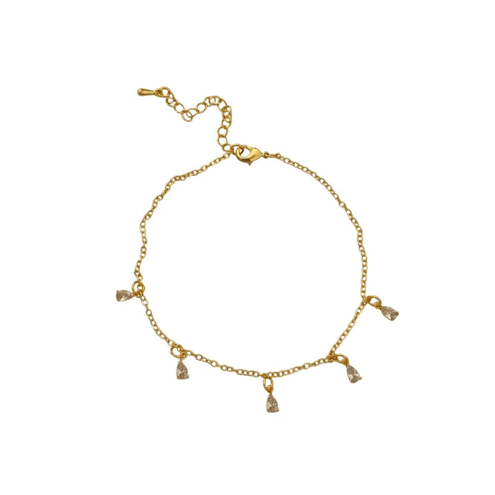 Women's zircon necklace, earrings, and anklet set with geometric pendant on a regular chain.