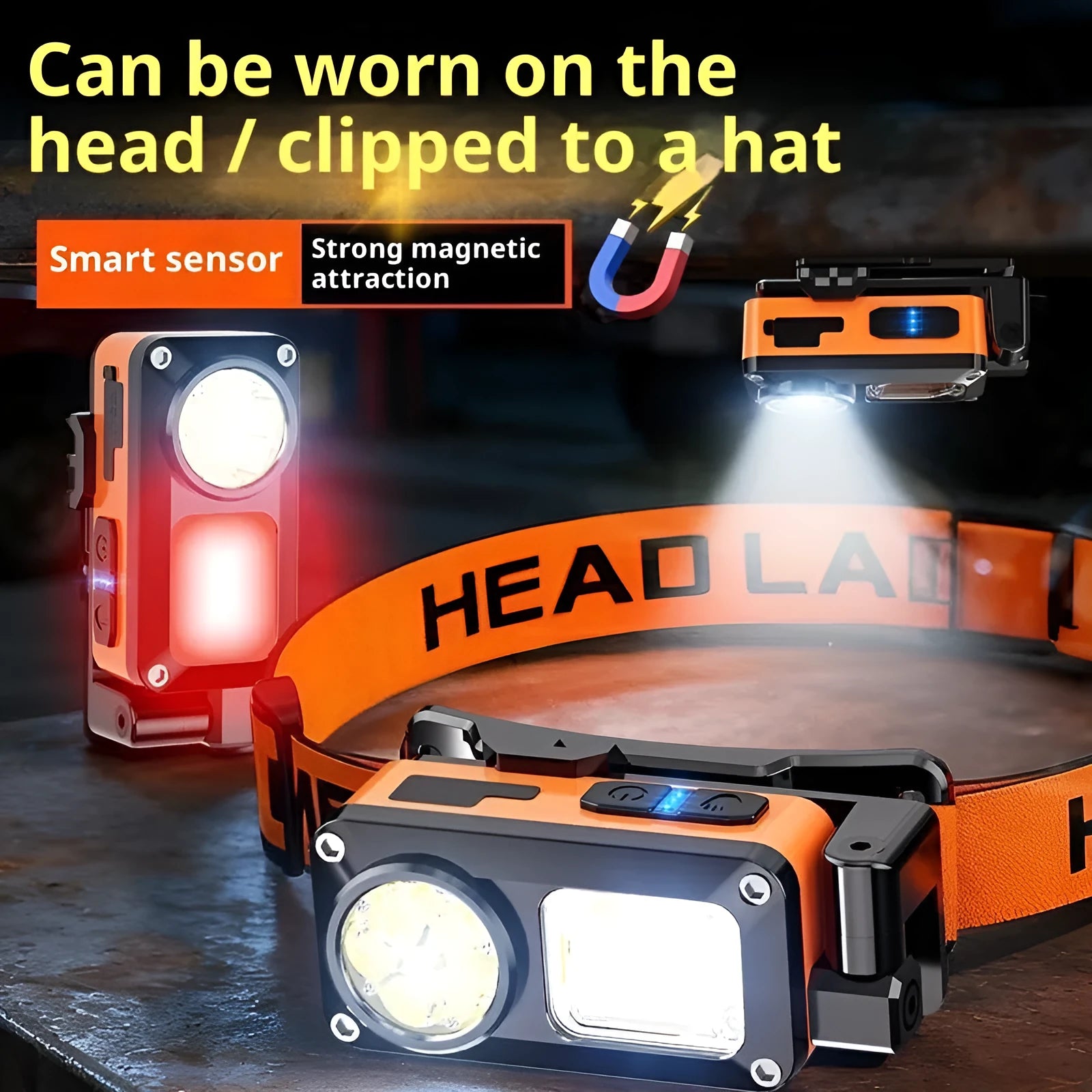 Waterproof rechargeable multi-functional sensor headlight for outdoor activities on a person's head