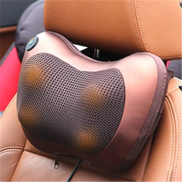 Electric neck massage pillow, coffee colour, 33x29x11cm, with infrared therapy and kneading rollers for home and car use.
