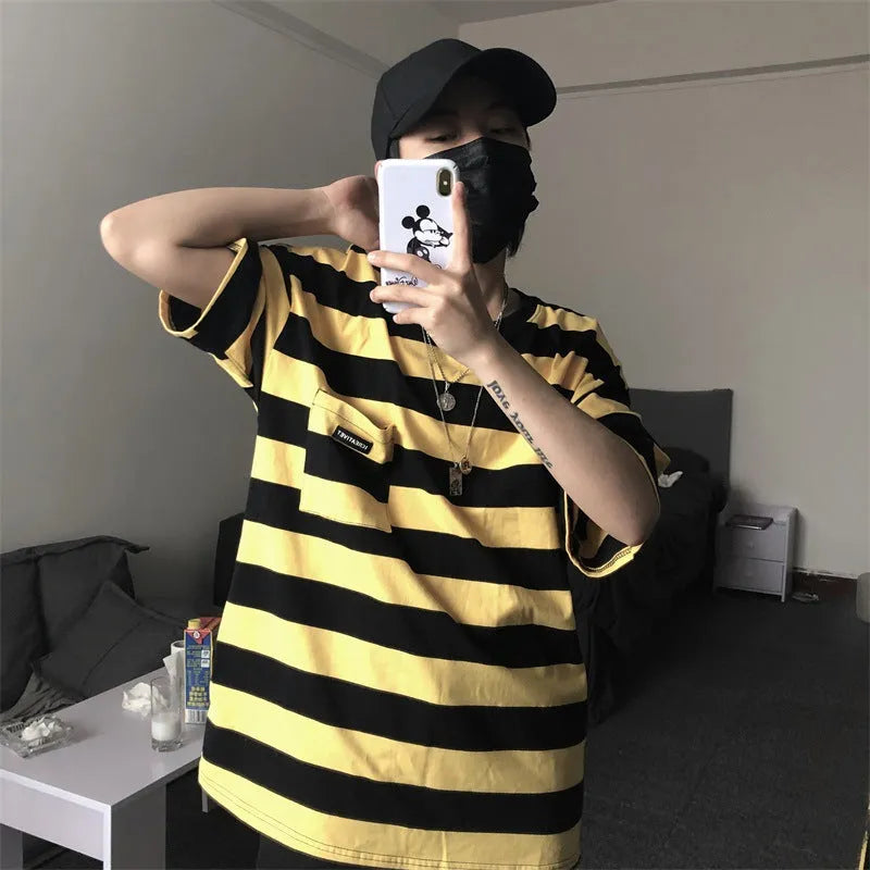 Striped short sleeve t-shirt in blue and yellow colours