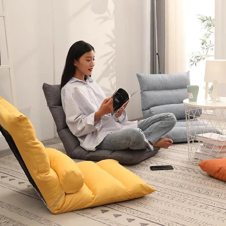 Lazy sofa floor chair with adjustable backrest in beige fabric for living room or balcony modern tatami style