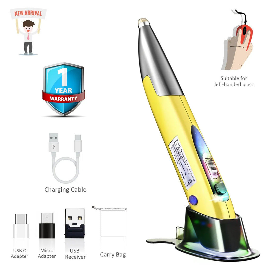 Wireless vertical pen mouse in red, gray or blue, 14cm ABS body with 4 buttons and 2.4GHz USB receiver