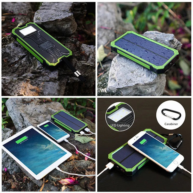 Solar power bank portable charger with plastic housing in black, green, orange, or yellow colour options