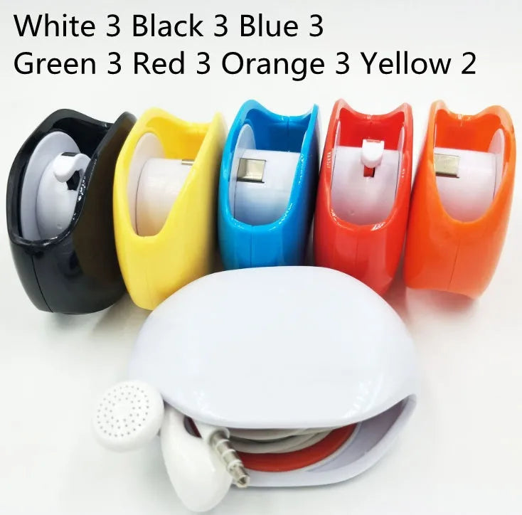Automatic earphone cable winder showing white, blue, and black units with cable retracted into 72mm storage box.