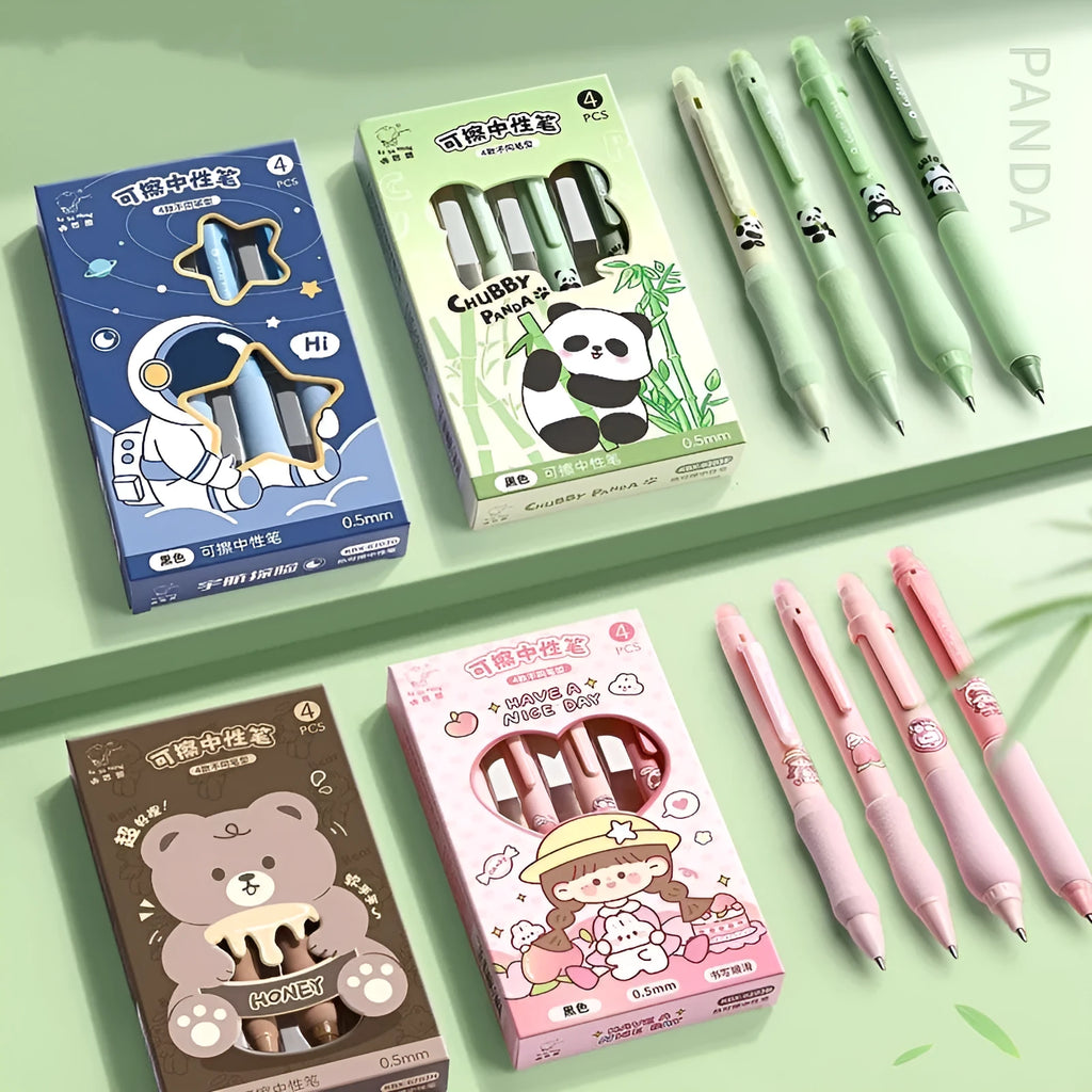 Cartoon-designed plastic gel pen with 0.5mm tip and erasable ink in black or blue.