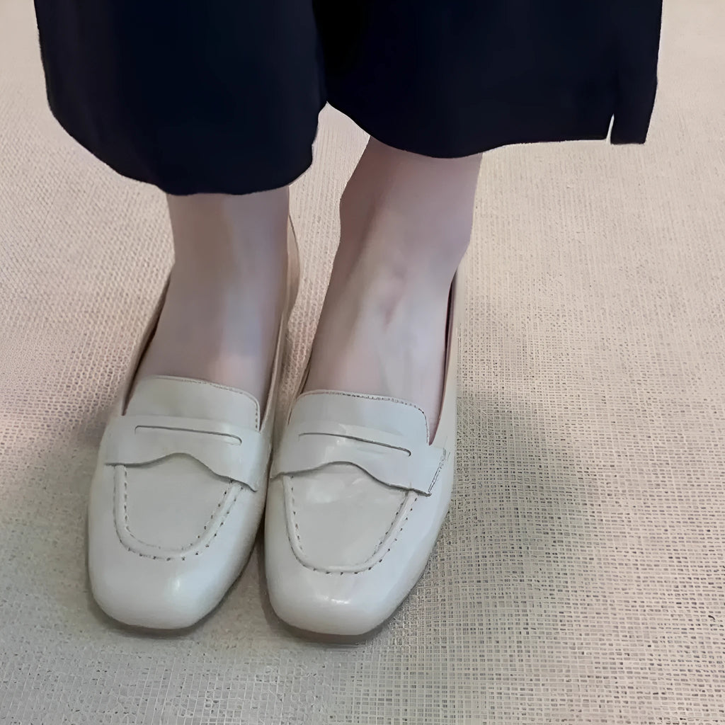 Women's square toe flat leather shoes in beige white with low heel and cowhide lining
