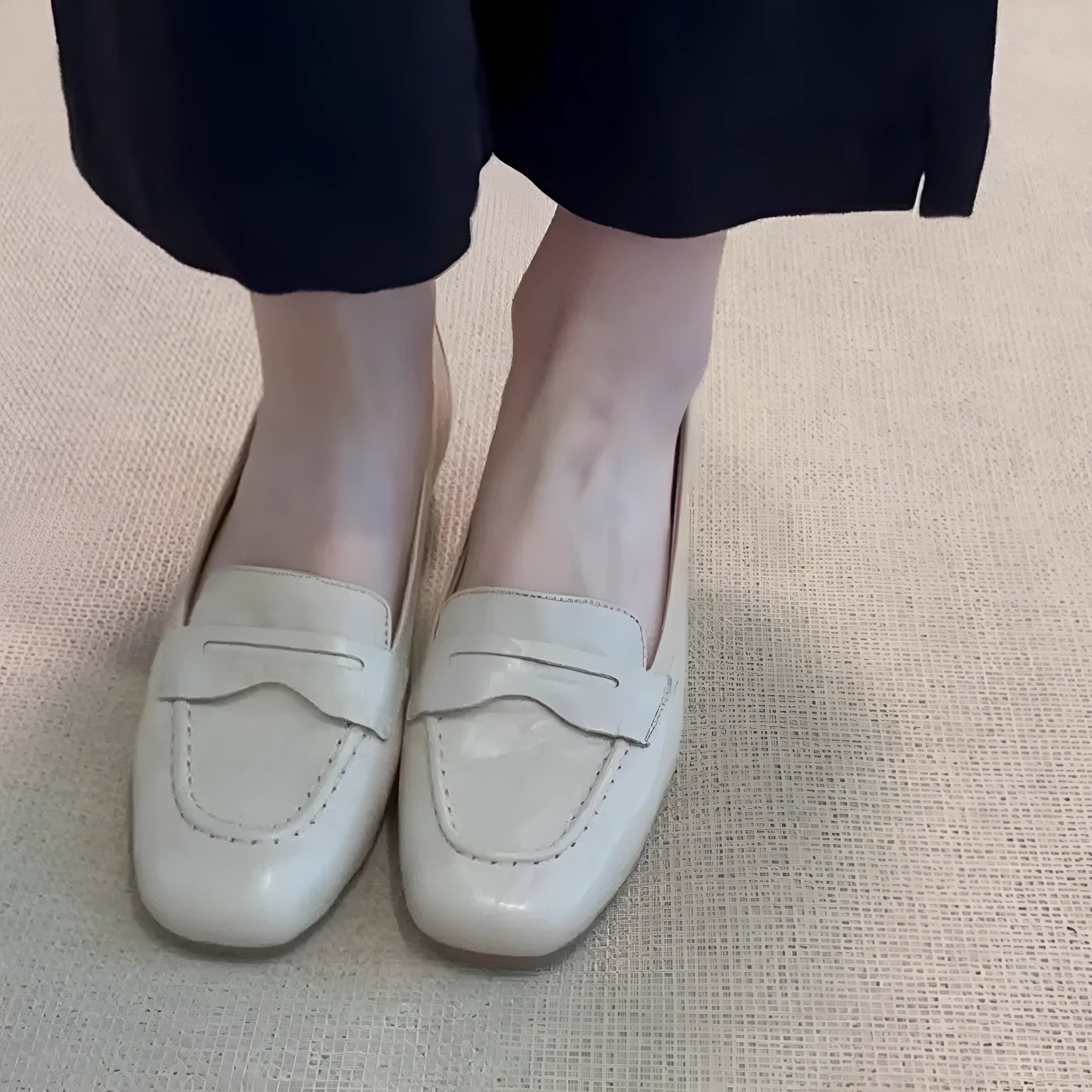 Women's square toe flat leather shoes in beige white with low heel and cowhide lining