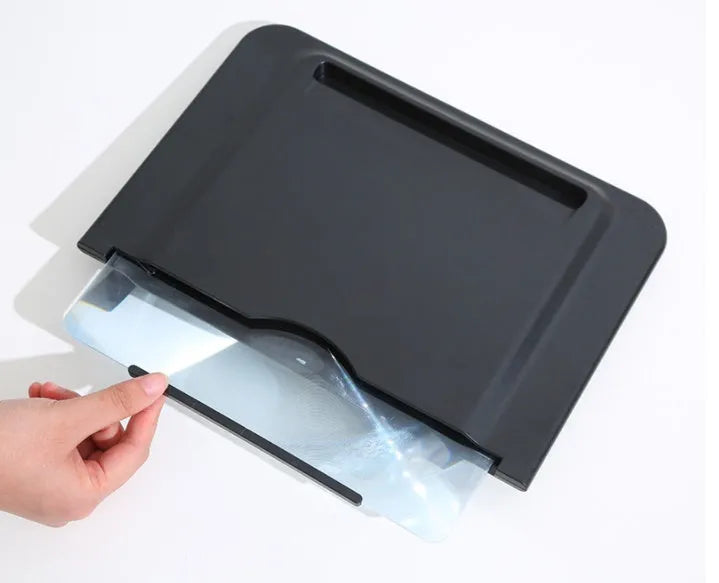 Black 12-inch pull-out screen amplifier showing horizontal and vertical phone bracket positions with Fresnel lens