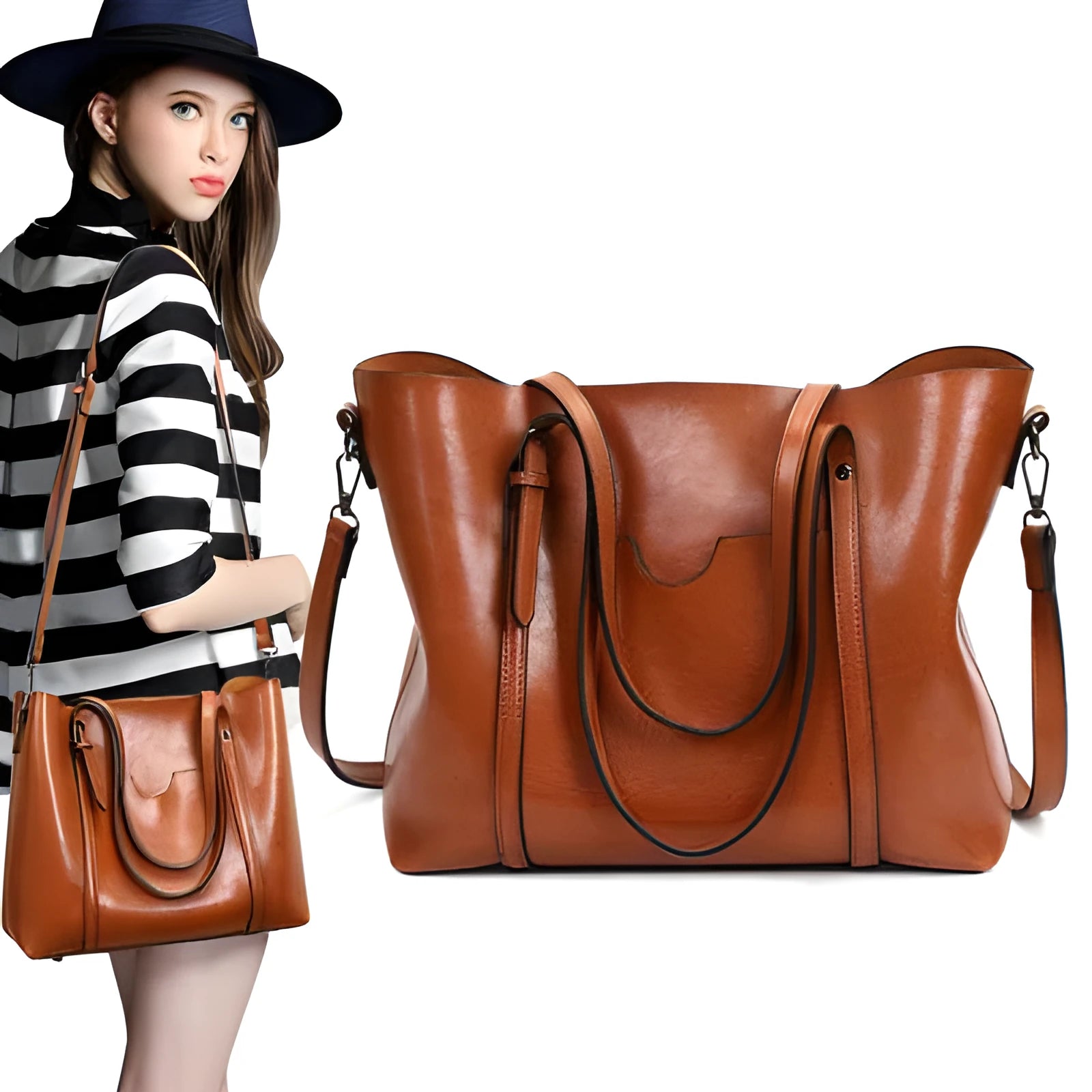 Retro PU messenger bag for women, 31 cm x 13 cm x 27 cm, large-capacity main bag