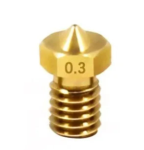 E3D brass 3D printer nozzle with M6 thread showing outlet aperture options