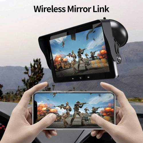 7-inch wireless CarPlay display unit with suction cup mount on a car dashboard