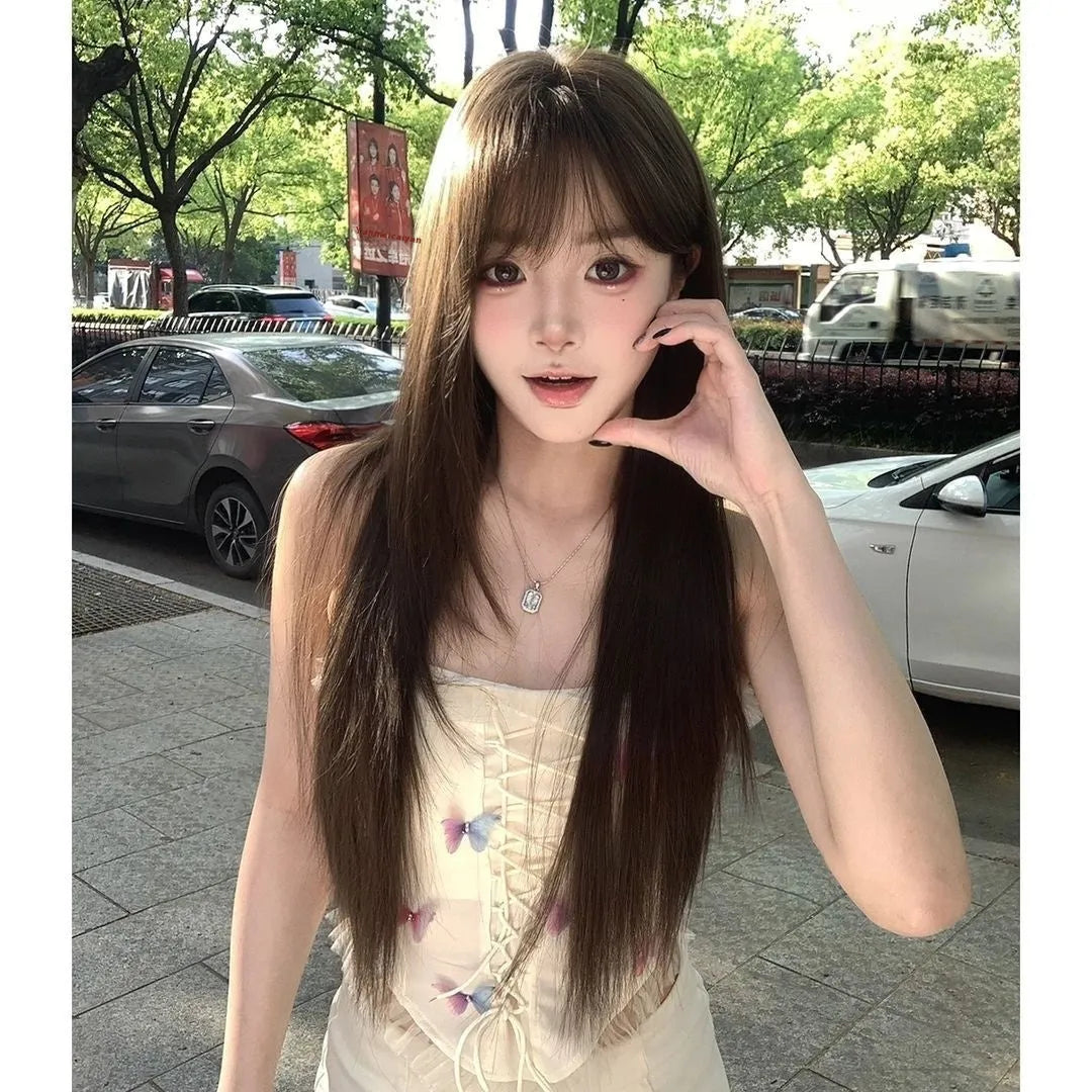 Brown black high-temperature fibre synthetic wig with seven-piece volume construction