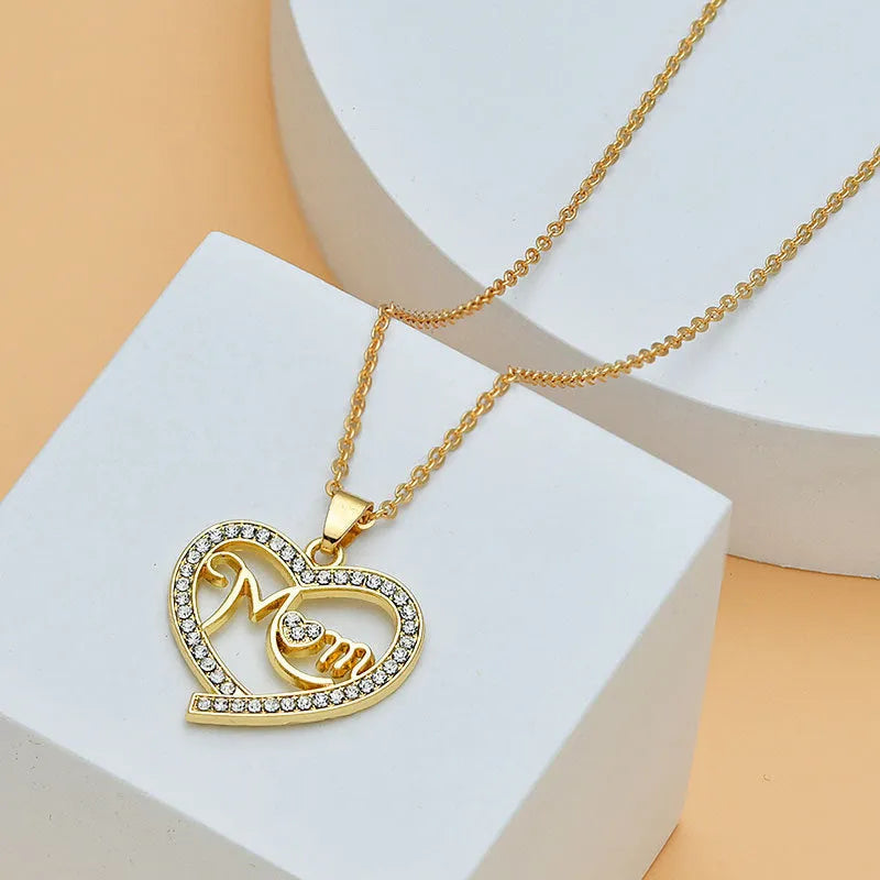 Heart shape letter necklace for women with alloy O-ring chain, 40cm length, pendant 2.1cm by 1.8cm, electroplated finish, seven colour options