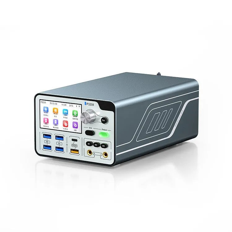 Front view of the 320W intelligent power supply meter with its 3-inch colour display and aluminium casing.