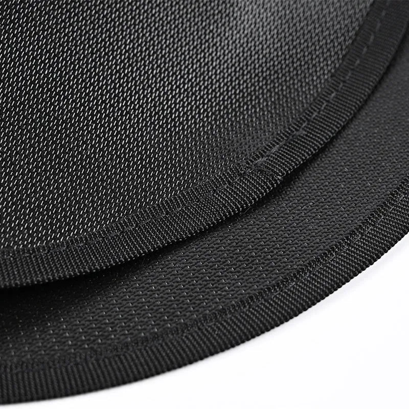 Black round fireproof barbecue mat, oil resistant and high temperature resistant, for camping and grilling, available in four sizes.