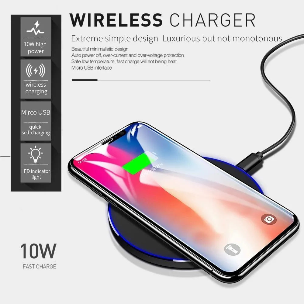 Ultra-thin black aluminium QI wireless charger with USB cable on wooden surface