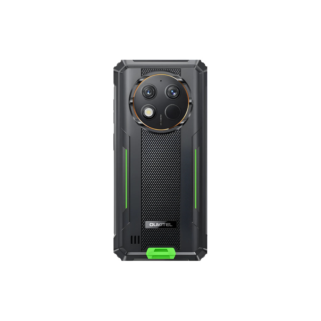 OUKITEL G1 mobile phone in green, grey, or orange colour with included charger and manual.