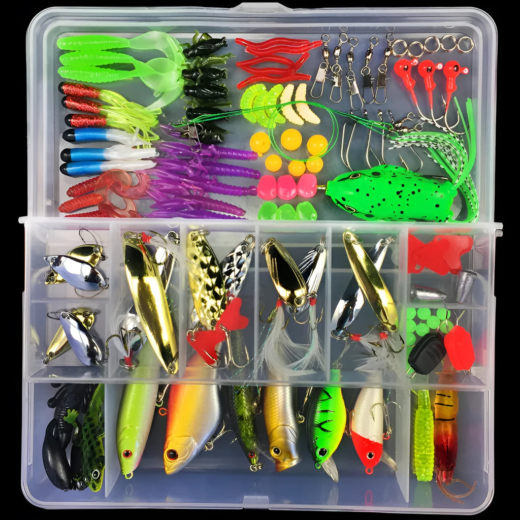 Junior entry-level fishing lure suit collection in PP box packaging showing multiple bait lures