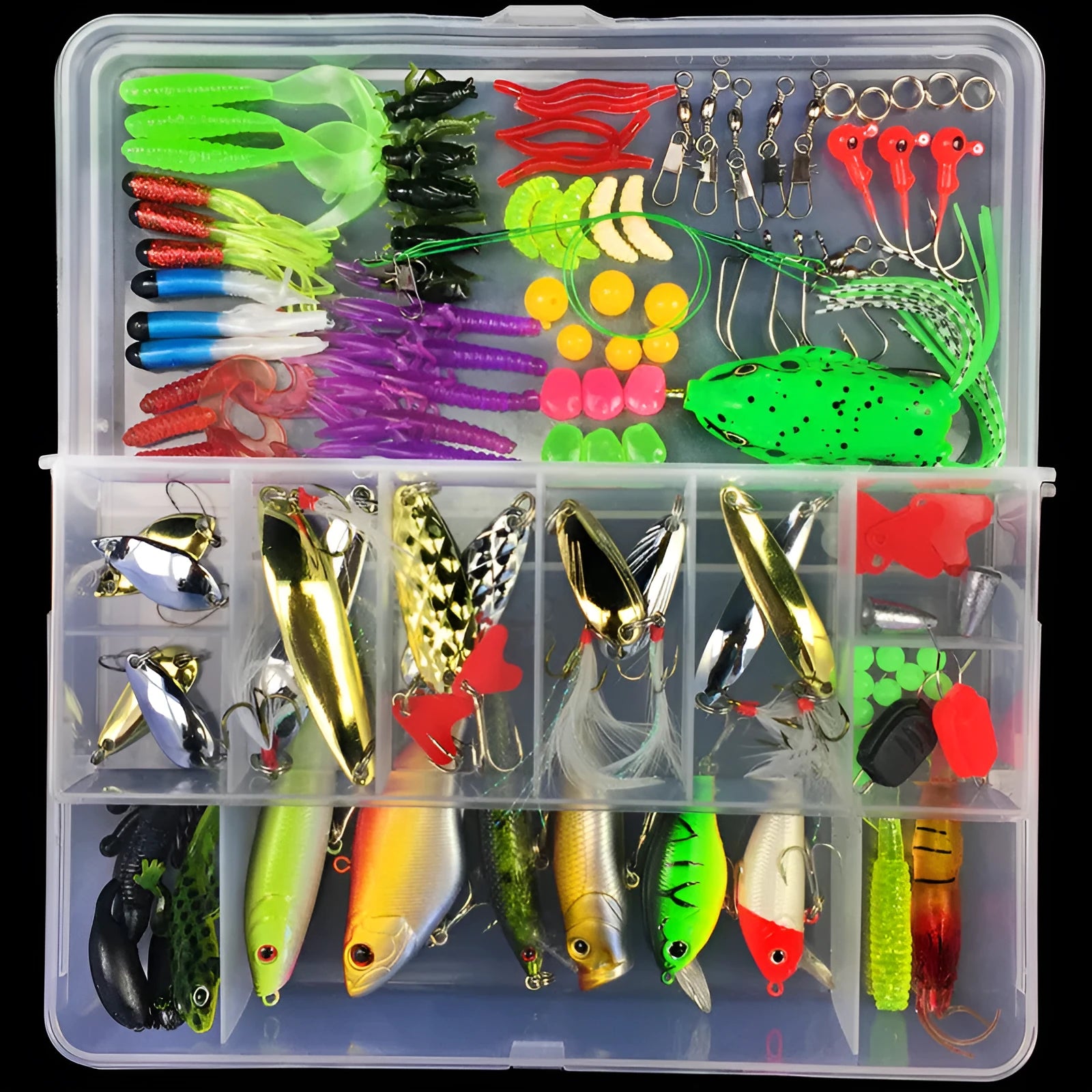 Junior entry-level fishing lure suit collection in PP box packaging showing multiple bait lures