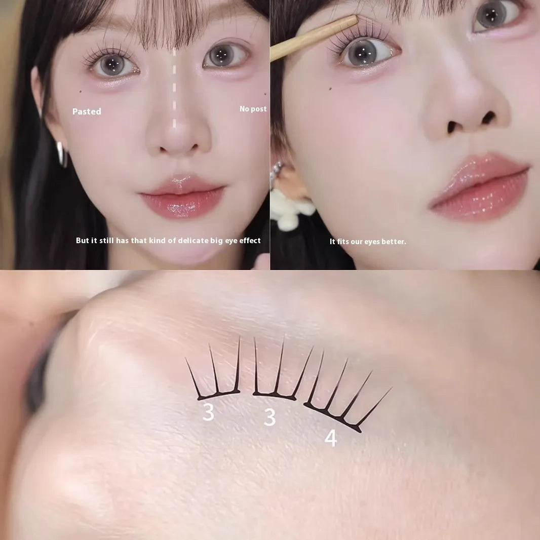 Pack of natural style reusable false eyelash clusters on a strip with adhesive and tweezers.