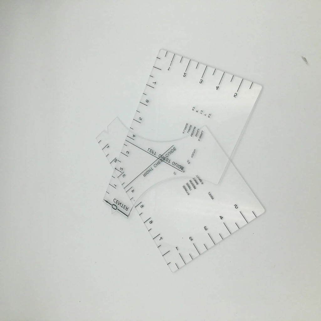 Transparent acrylic sewing ruler measuring 10 by 6 inches for T-shirt patch alignment