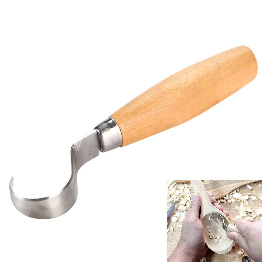 FastCraft spoon carving tool with stainless steel blade and wood handle for curve carving