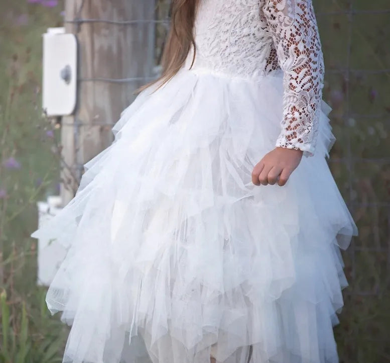 Children's white hollow lace long-sleeved princess dress cotton blend for autumn and winter