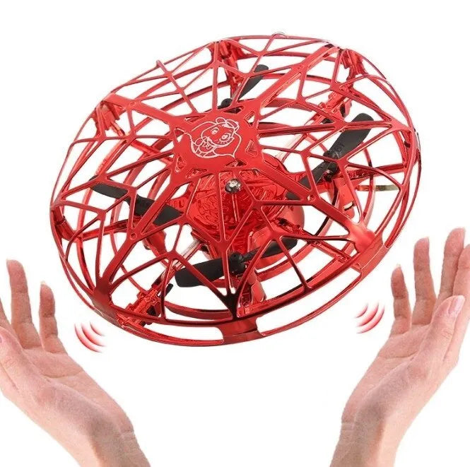 Flying Helicopter Mini Drone UFO RC Drone with infrared sensors and blue flexible guardrail on white background