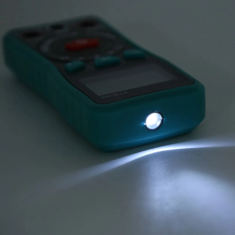 Green automatic digital multimeter with LCD screen and rear stand, dimensions 132x64x25mm.