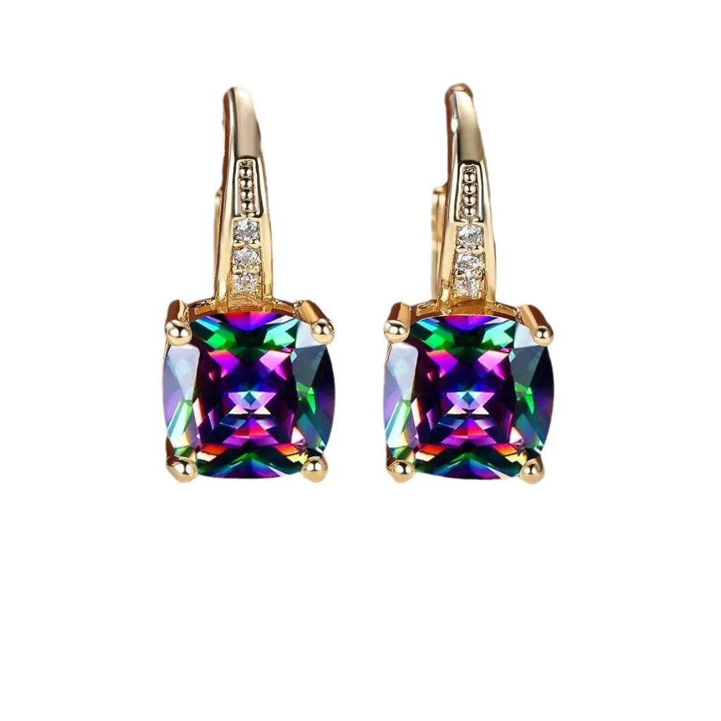 Geometric ear clips with square colourful moissanite inlays and electroplated gold finish