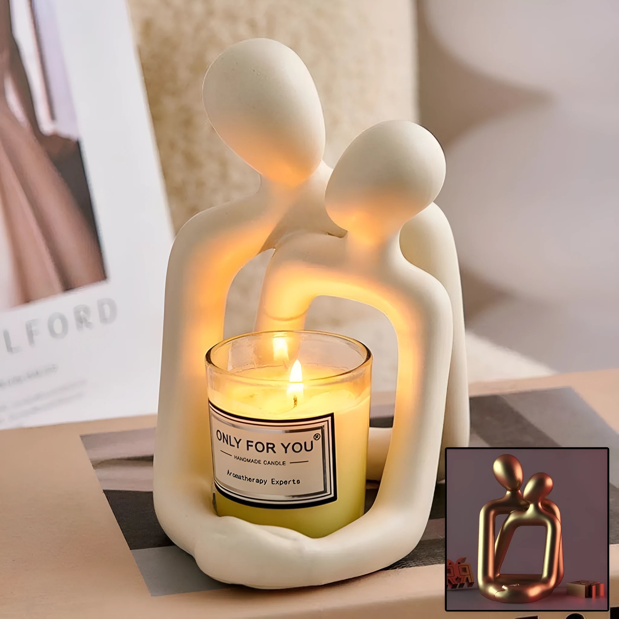 Modern milky white and gold resin statue sculpture of a loving couple for home decor.