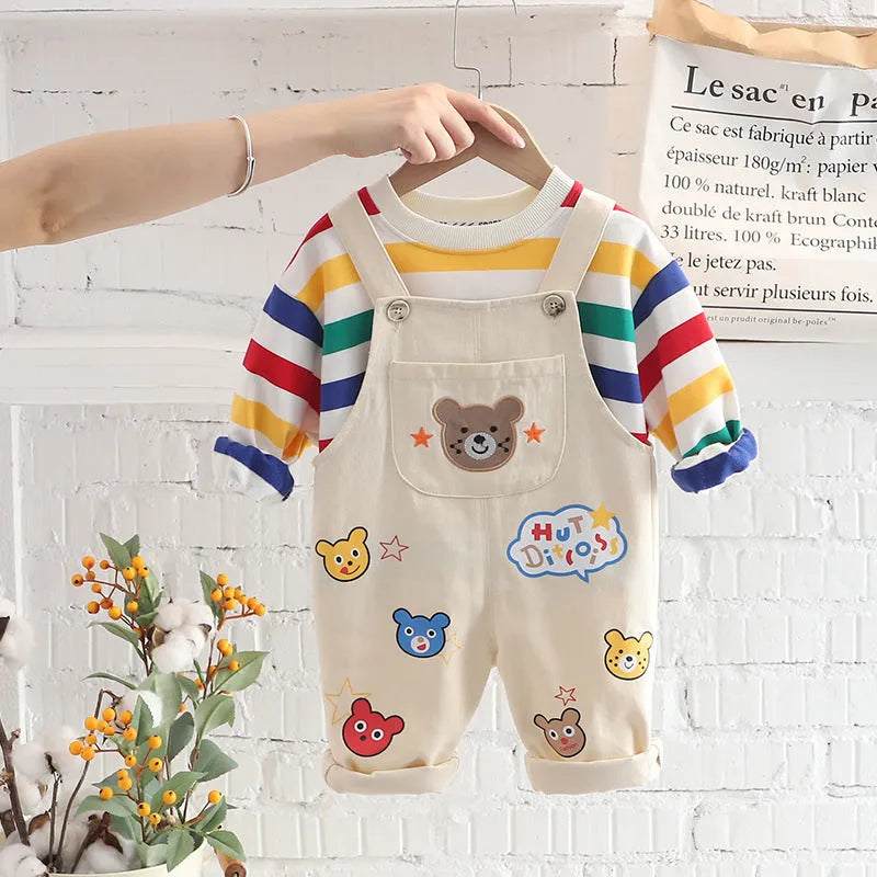 Boys' plaid top and strap trousers set in yellow or milky white, cotton outfit, sizes 80cm to 120cm