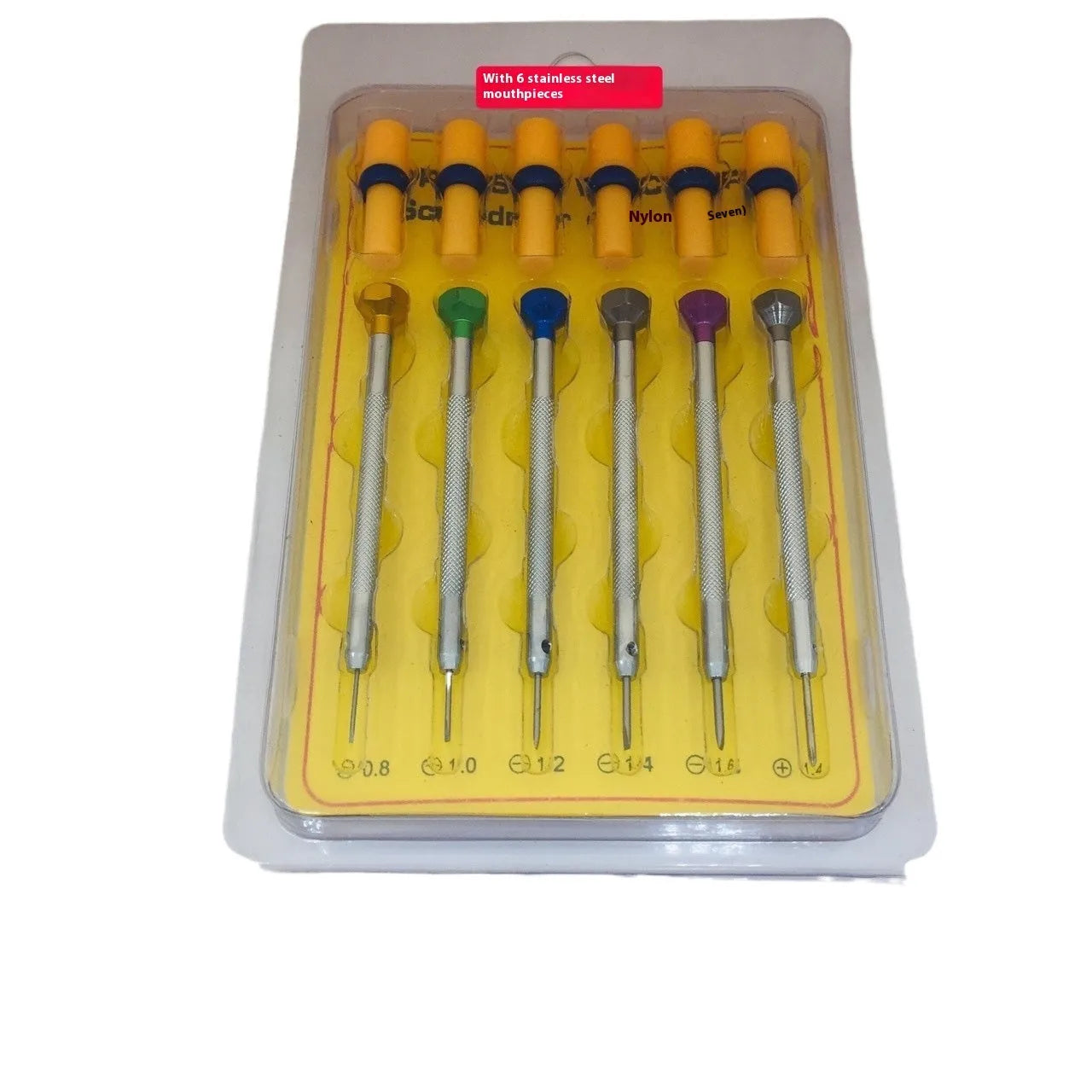 Six watch repair screwdrivers with coloured aluminium handles and copper grips for precision timepiece maintenance