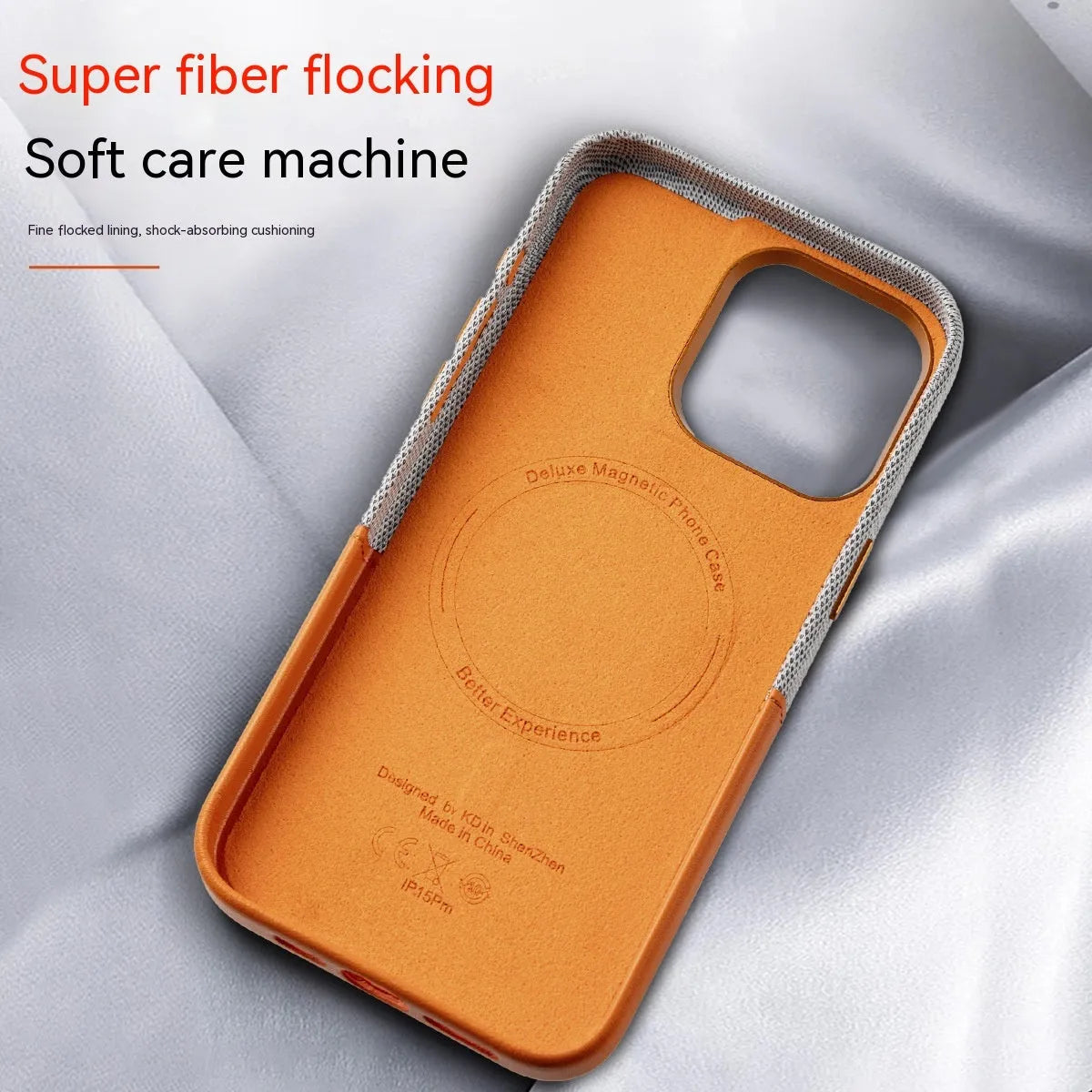 Imitation leather phone case with magnetic card slot, available in black, brown, pink and orange for iPhone 12-15 series.