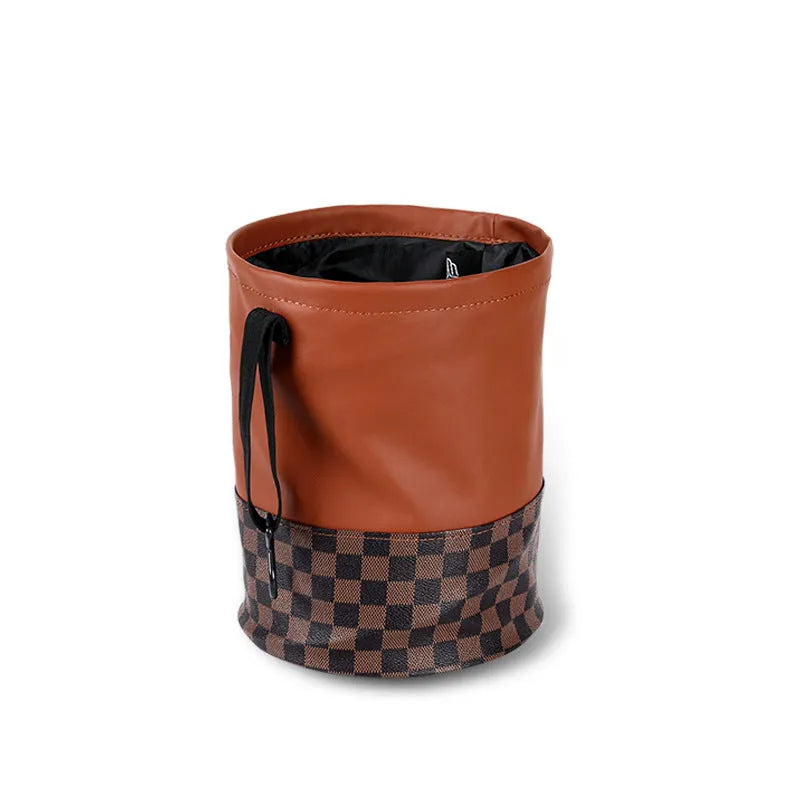 Leather retractable car trash can with handle for vehicle interior