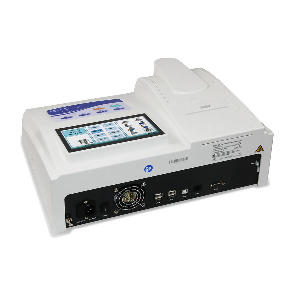 CONTEC BC300 semi-auto biochemistry analyser on benchtop with touch screen display