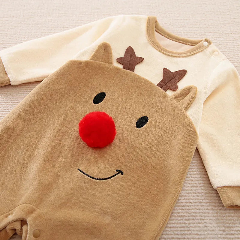 Christmas deer print baby one-piece plush thick outfit with hood, sizes 52-90cm, cotton blend 76%