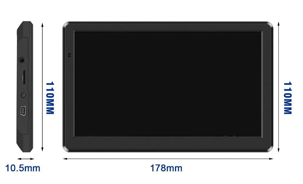 7-inch portable car GPS navigation device on a dashboard with mounting bracket and car charger.