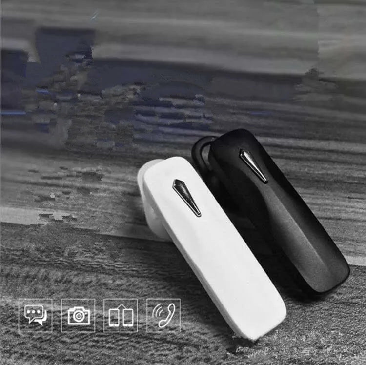 Black and white M163 Bluetooth car headset for hands-free calls and music control.