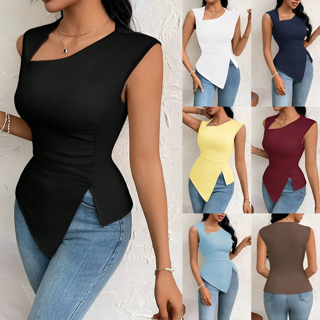 Women's diagonal collar slim fit short sleeve solid colour polyester top in black beige light blue light yellow brown purplish red dark blue