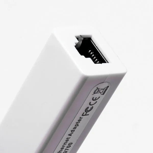 White USB to RJ45 Ethernet network adapter with micro USB connector and LED indicator