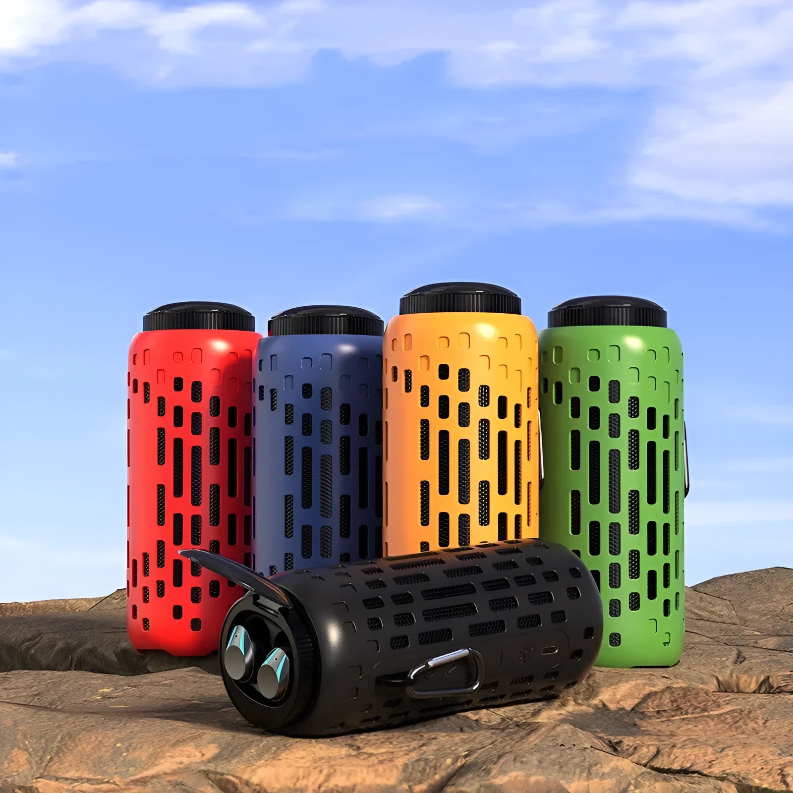 Outdoor small steel cannon wireless Bluetooth earphones in black with ABS build and USB charging