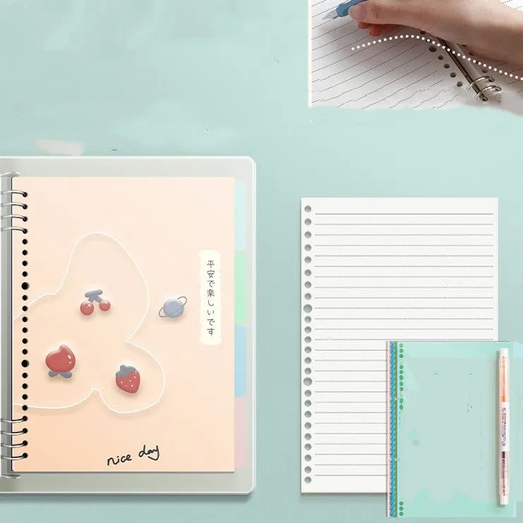 B5 hardcover notebook with lucky cat design showing binder binding for detachable pages