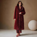 Women's lengthened 100cm faux fur coat in wine red or camel colour with regular sleeves