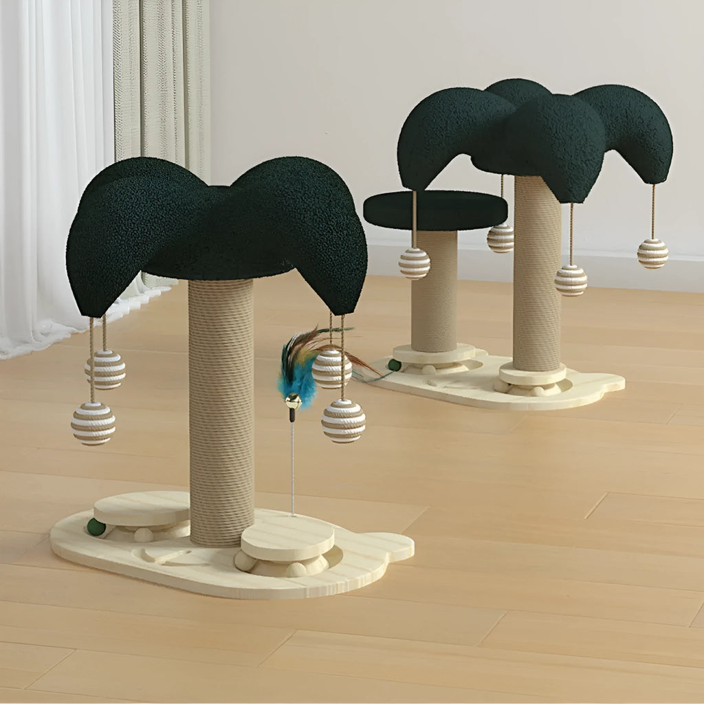 Solid wood cat climbing frame with rotating turntable and sisal scratching post in a panda design.