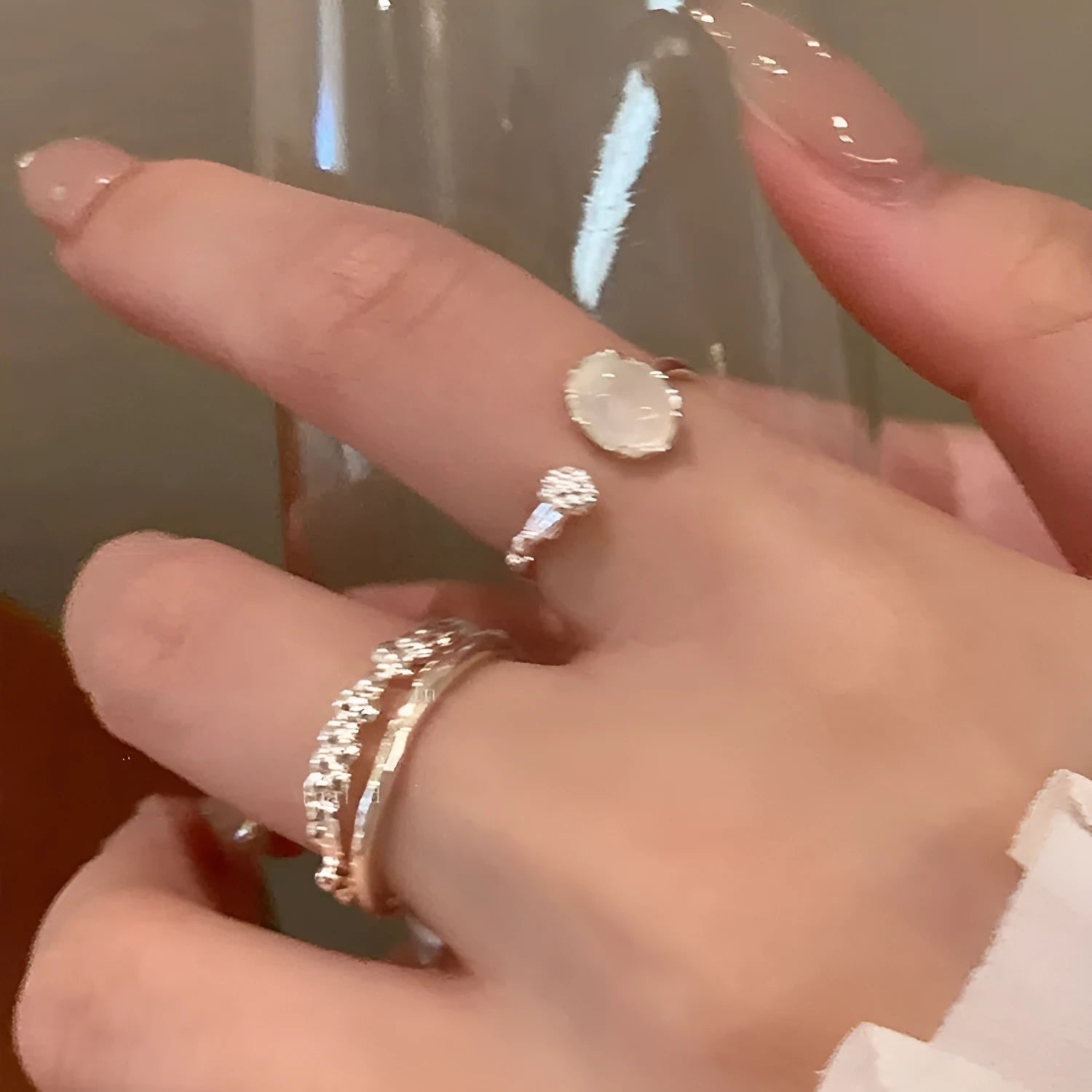 Moonstone texture ring for women, two-piece set, oval geometric shape, alloy plating, live edge style